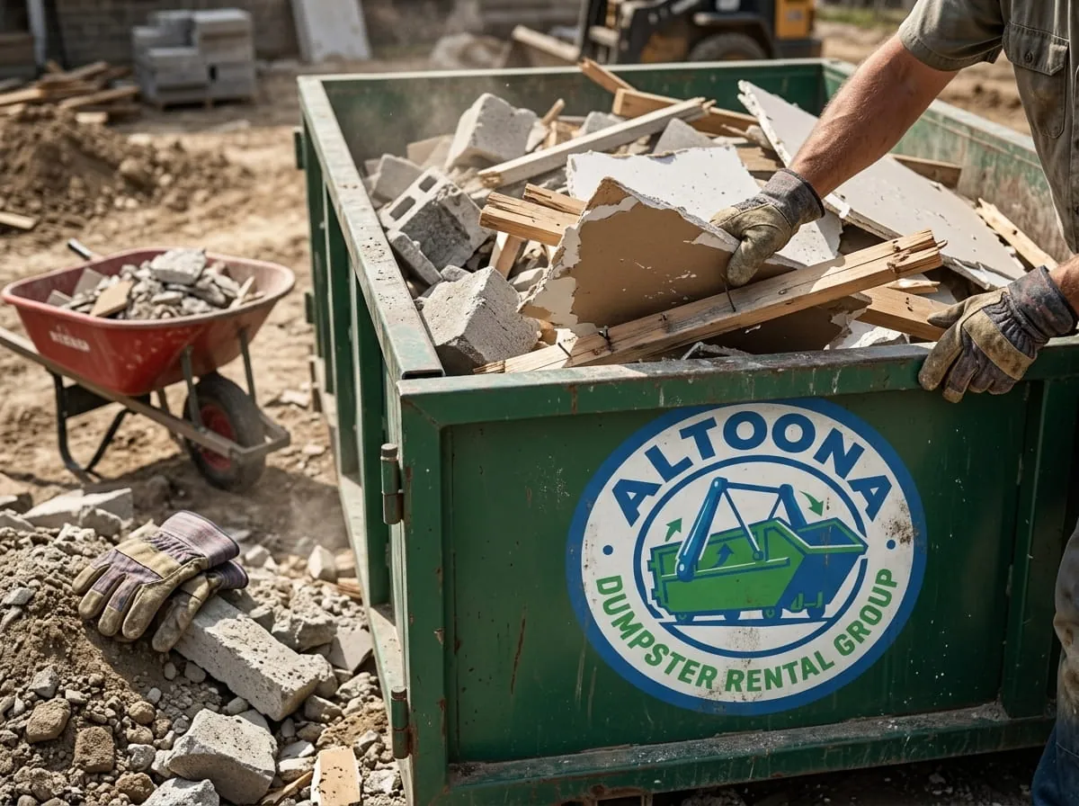 Close-up of rubble, timber and a wheelbarrow beside a roll-off container
