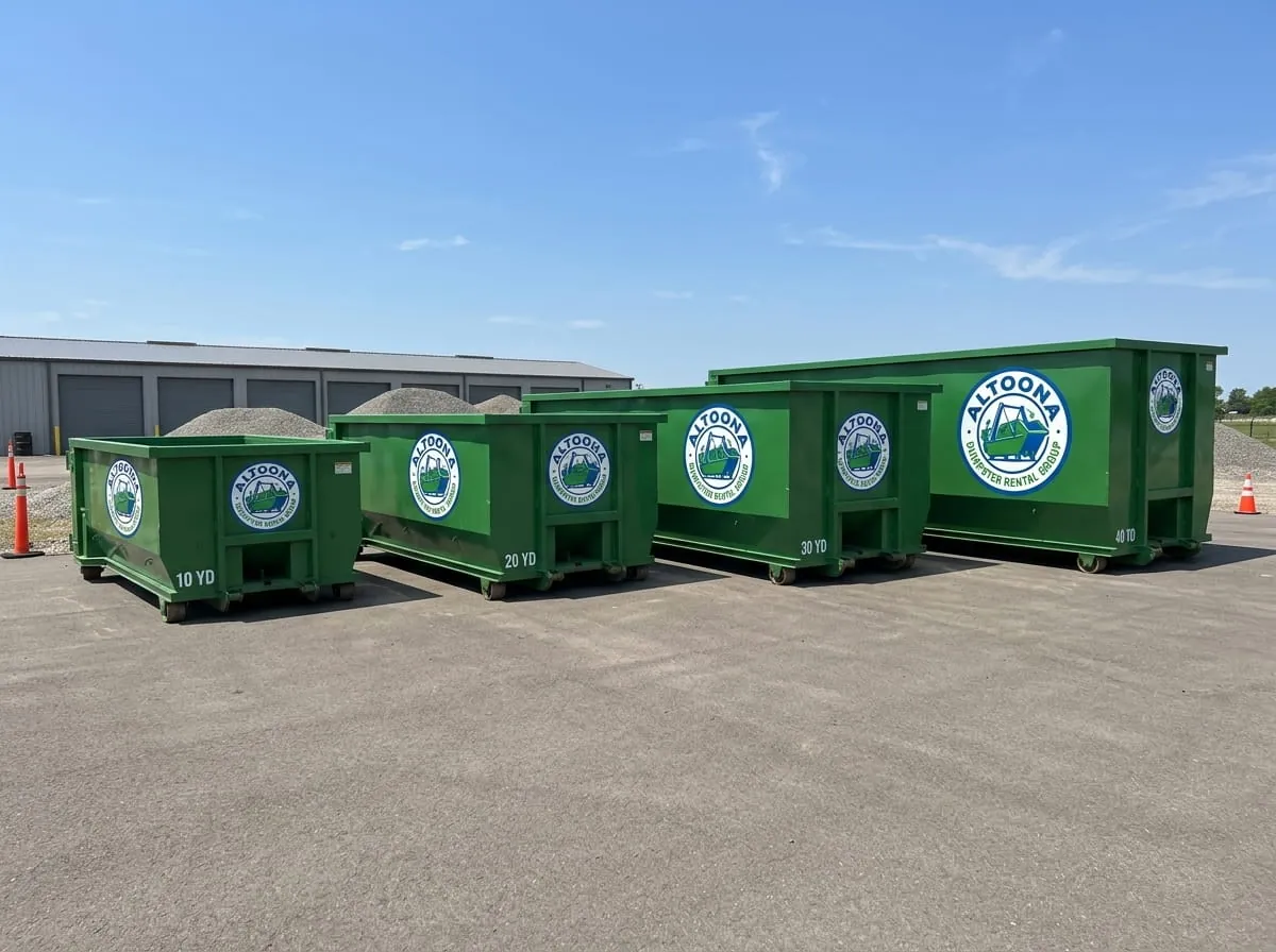 10, 15, 20 and 30 yard roll-off dumpsters lined up ready for rent in Altoona, PA 10, 15, 20 and 30 yard roll-off dumpsters lined up ready for rent in Altoona, PA