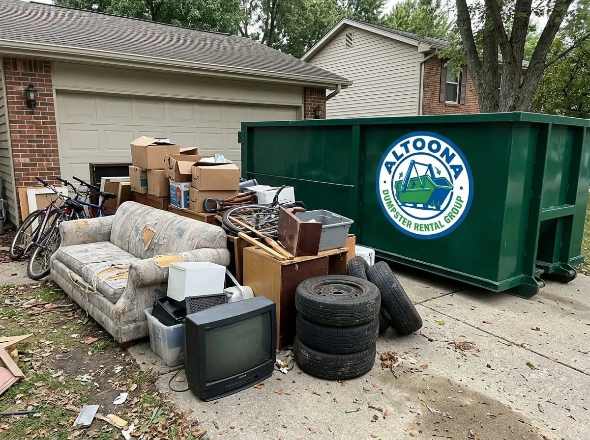 Roll-off container beside a household clearance pile