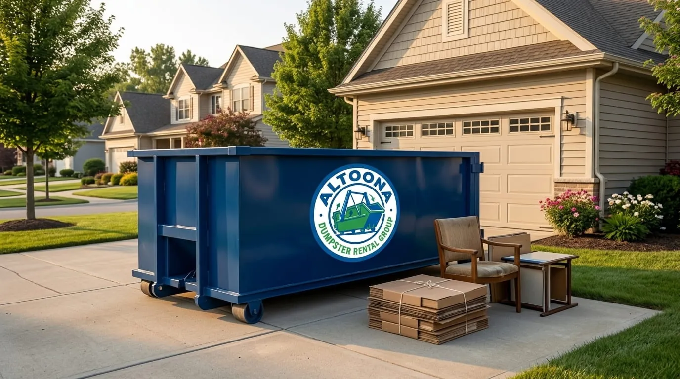 Roll-off dumpster on a residential driveway with boxes stacked alongside