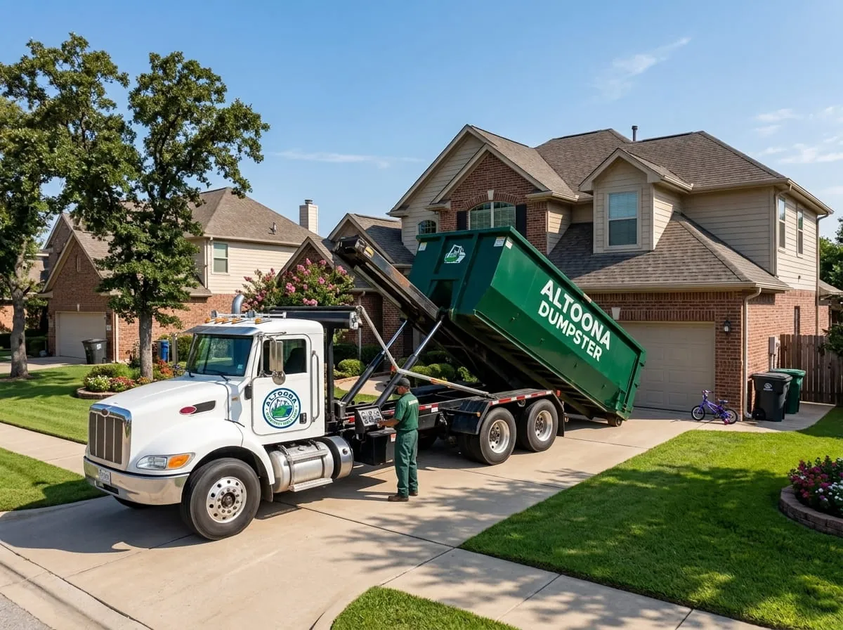 Roll-off truck tipping a container into place at a home