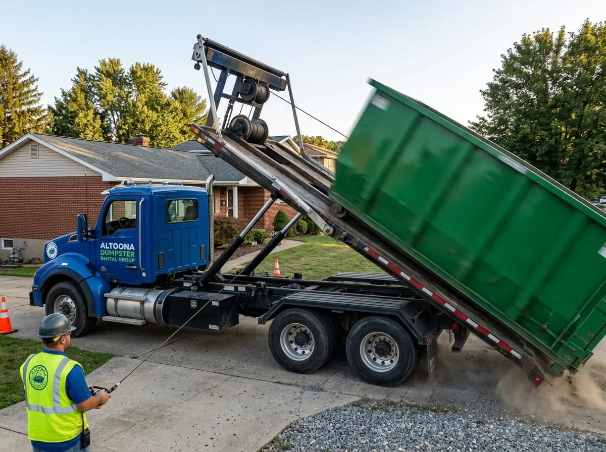Altoona Dumpster Rental Group crew setting a roll-off container down